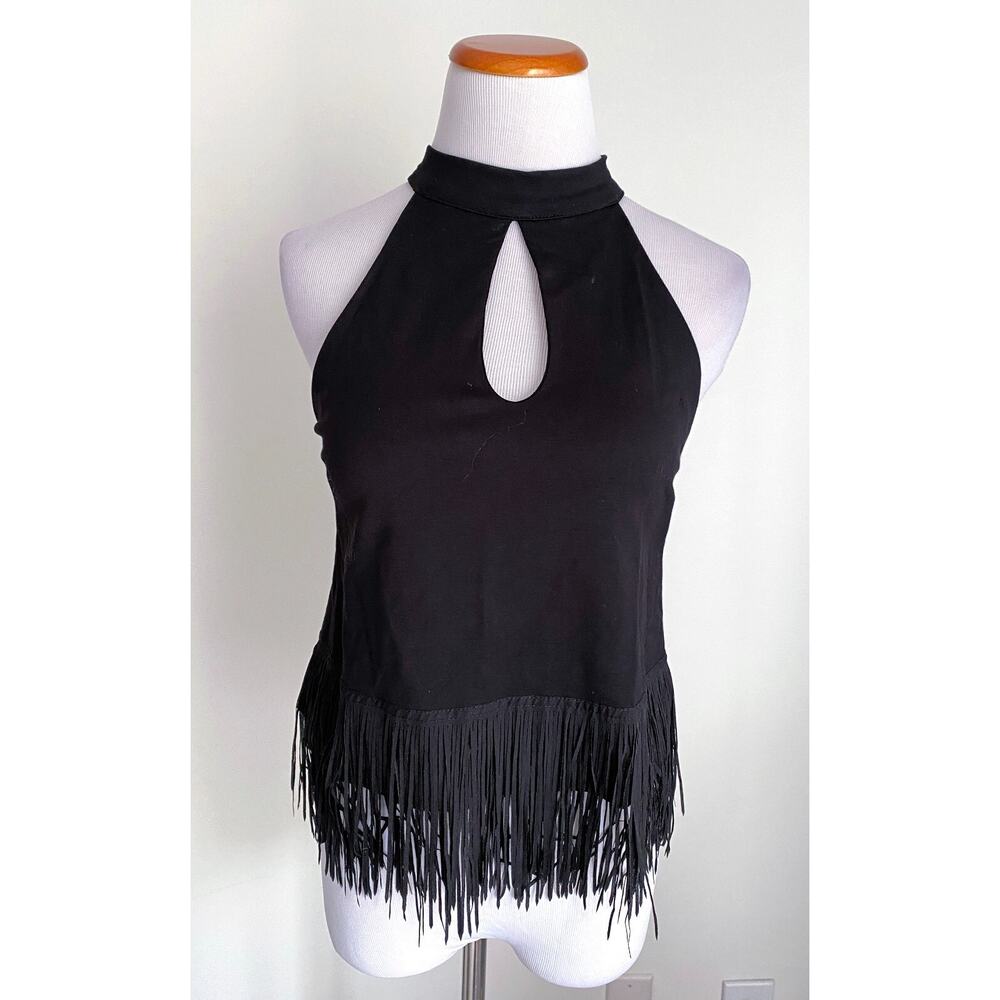 NWT! Stella Luce Black Fringe Halter Festival Top, Keyhole Front, Zipper Back, M